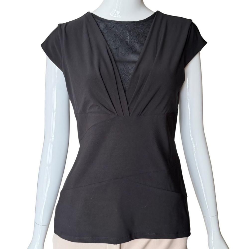 White House Black Market Black Cap Sleeve Top With Lace Inlay Size Medium NWT